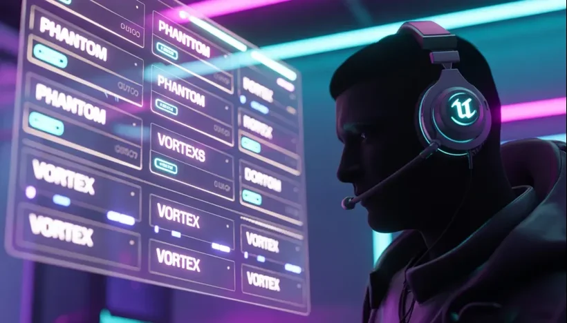 A futuristic digital dashboard showing cool nickname ideas like Phantom and Vortex, designed for gamers by Tools Qiva nickname finder.