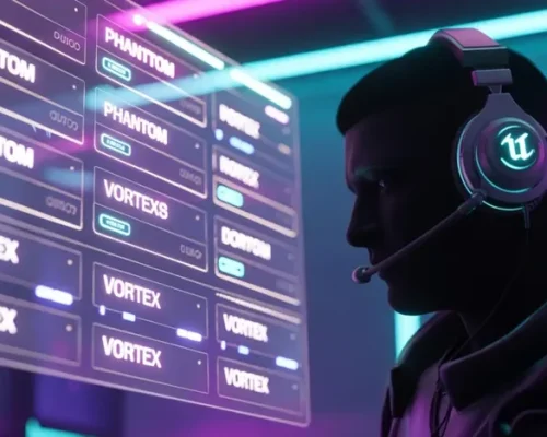 A futuristic digital dashboard showing cool nickname ideas like Phantom and Vortex, designed for gamers by Tools Qiva nickname finder.